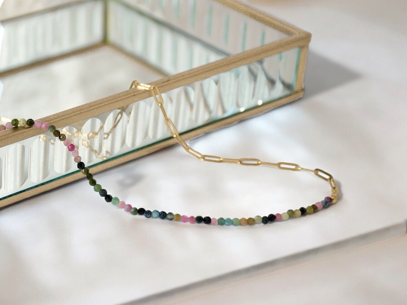 Dainty, lightweight necklace made from natural, genuine colorful Tourmaline beads and a gold paperclip chain. It is 14k gold filled luxury quality. Handmade jewelry. Perfect gift. Layering necklace. Unique and trendy style.