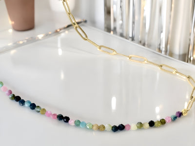 Rainbow Tourmaline Gemstone Necklace, Gold Paperclip Chain, Multicolor Beaded Necklace, Unique Trendy Necklace