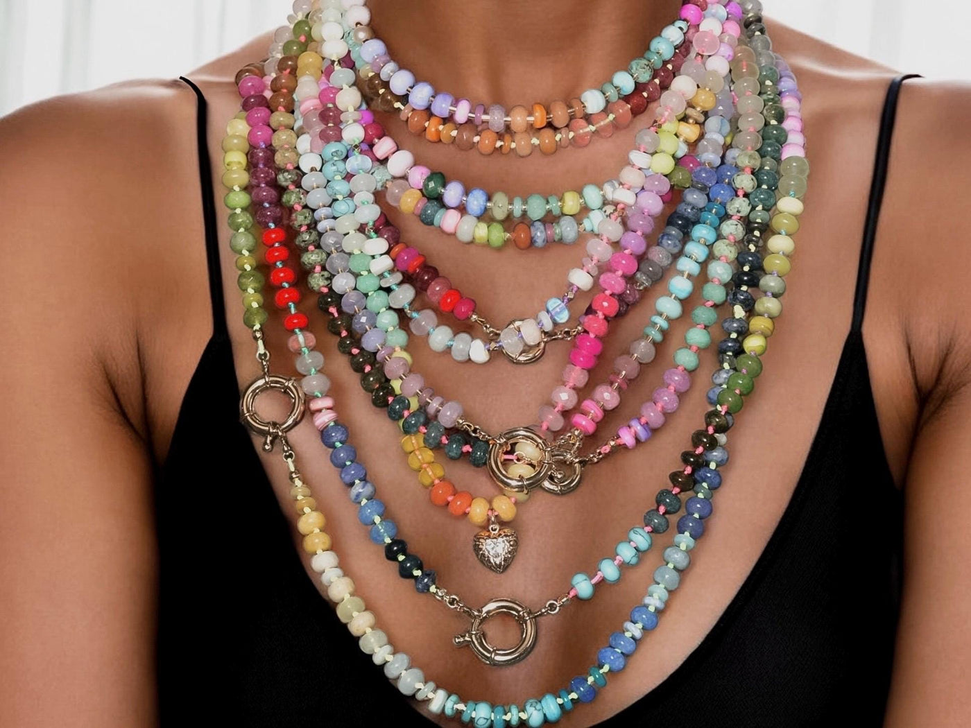 A fun rainbow gemstone necklace in a random assortment. The colors are bright and vibrant. It features 14k gold spacer beads randomly throughout. It&#39;s a beautiful statement necklace to add some color and fun to any outfit. It fits like a choker