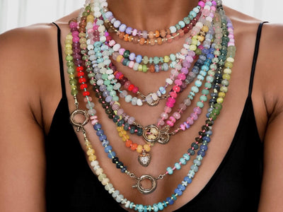 A fun rainbow gemstone necklace in a random assortment. The colors are bright and vibrant. It features 14k gold spacer beads randomly throughout. It&#39;s a beautiful statement necklace to add some color and fun to any outfit. It fits like a choker