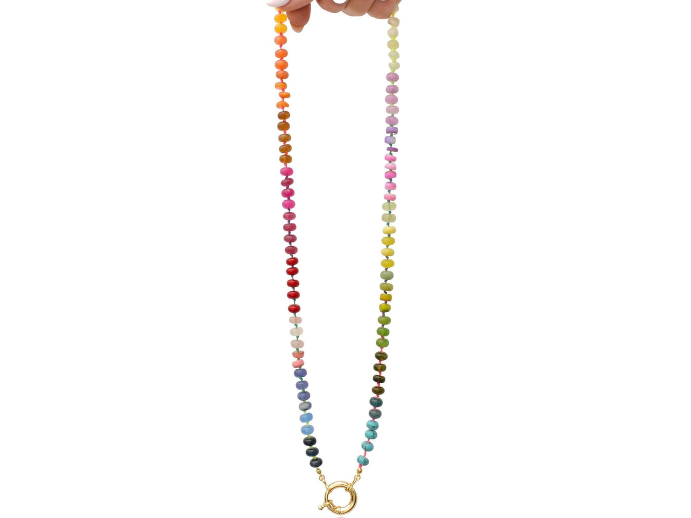 This multi gemstone necklace is handmade, featuring an array of vibrant, rainbow gemstones. From rich amethysts and fiery citrines to lush jades and serene chalcedony.