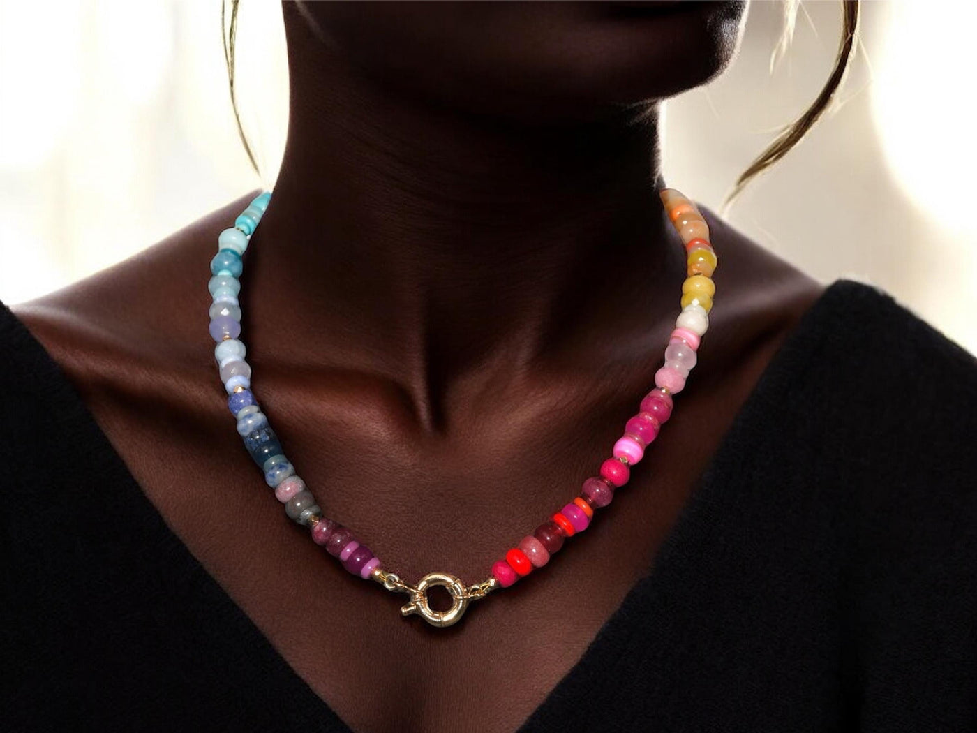 Rainbow Multi Gemstone Necklace with Rondelle Beads, 14k Gold Jewelry: The Coloratura Necklace