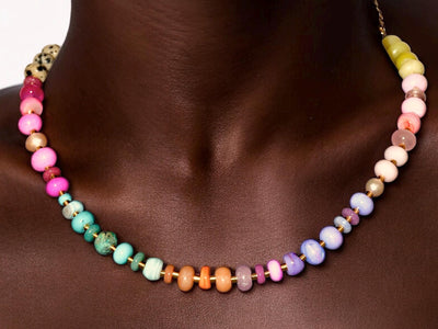 Rainbow Beaded Necklace with Pearls, Colorful Multi Gemstone Necklace, Boho Chic Statement Necklace