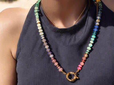 Rainbow Gemstone Necklace with Colorful Beads & Neon Opals, Long Beaded Necklace, Anthropologie ombré necklace