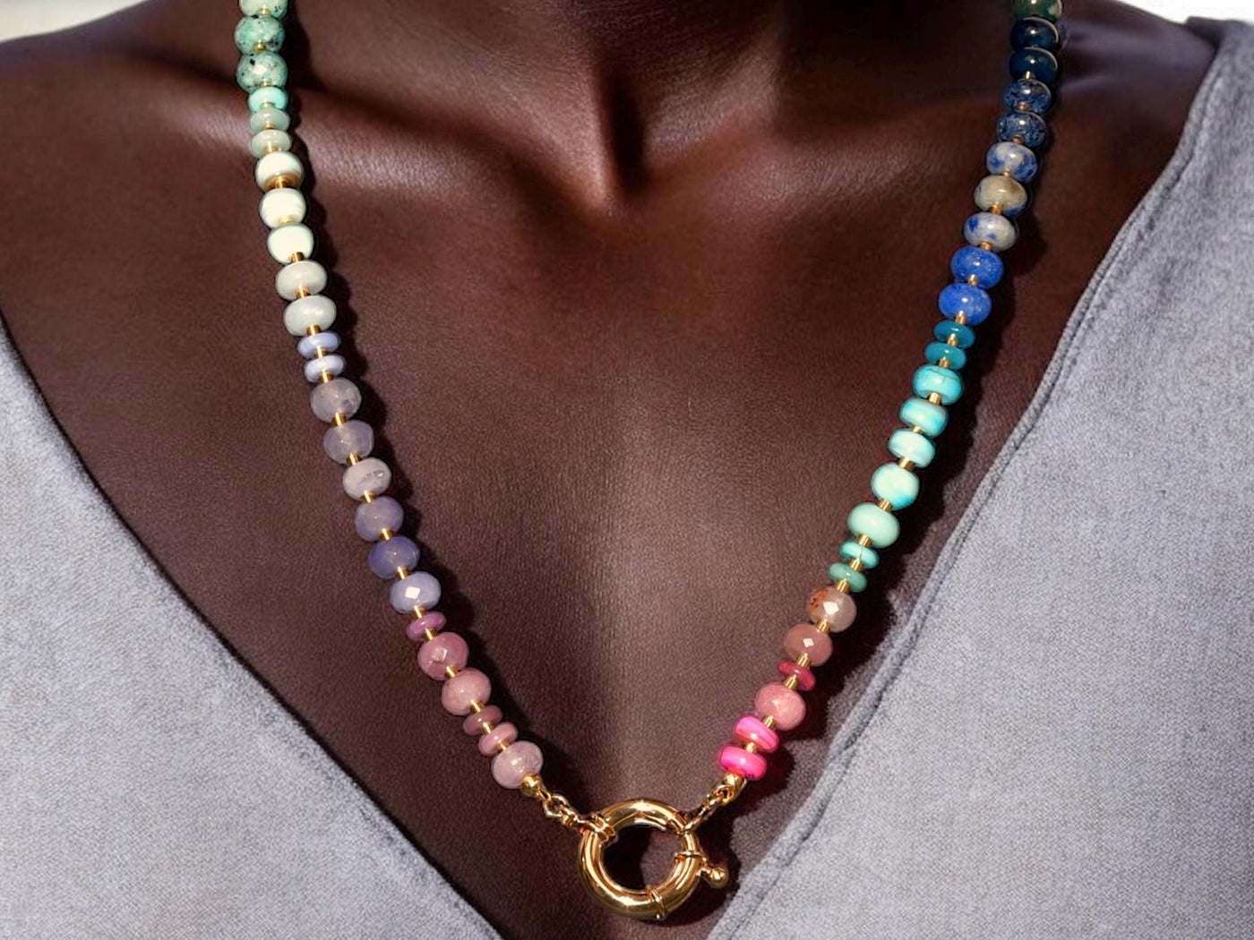 Rainbow Gemstone Necklace with Colorful Beads & Neon Opals, Long Beaded Necklace, Anthropologie ombré necklace