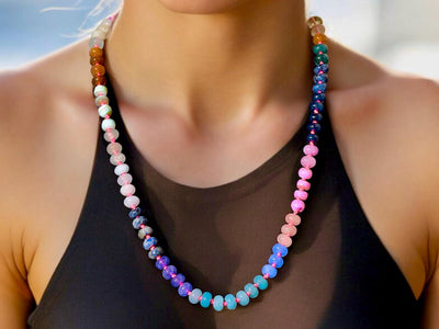 Colorful Knotted Gemstone Necklace, Rainbow Beaded Necklace with Semi-Precious Stones, Boho Anthropologie Ombré Necklace