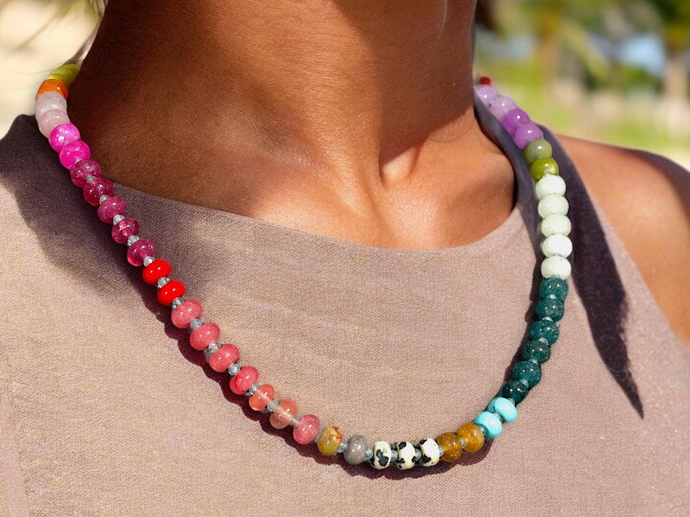 Rainbow Beaded Gemstone Necklace, Colorful Ombré Necklace for Women, Boho Chic Statement Necklace