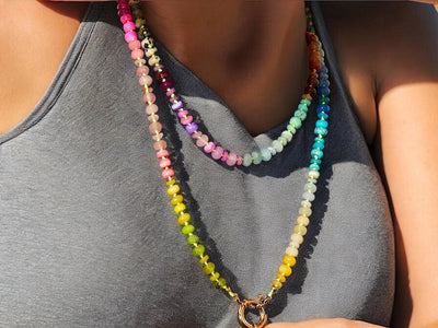 Rainbow Multi Gemstone Necklace & Bracelet. Knotted Long Beaded Necklace, Anthropologie Gem Necklace