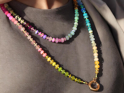 Rainbow Multi Gemstone Necklace & Bracelet. Knotted Long Beaded Necklace, Anthropologie Gem Necklace