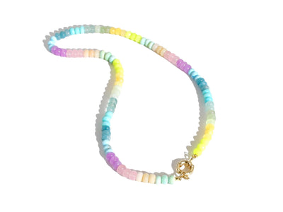 A Candy Colored Long Beaded Gem Necklace featuring opals, aquamarines, jades, rose quartz and pastel [rainbow beads. It&#39;s a beautiful Statement Necklace for the Summer in colors of mint blue, greens, purples and yellows.