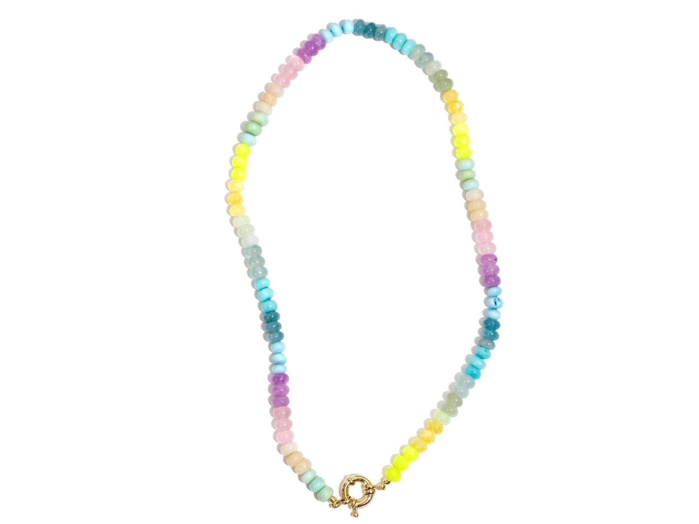 A Candy Colored Long Beaded Gem Necklace featuring opals, aquamarines, jades, rose quartz and pastel [rainbow beads. It&#39;s a beautiful Statement Necklace for the Summer in colors of mint blue, greens, purples and yellows.