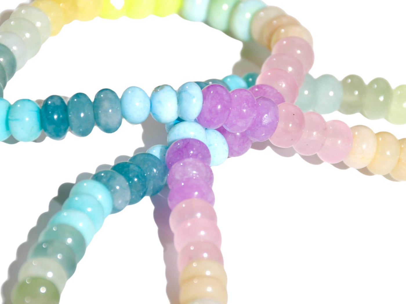 A Candy Colored Long Beaded Gem Necklace featuring opals, aquamarines, jades, rose quartz and pastel [rainbow beads. It&#39;s a beautiful Statement Necklace for the Summer in colors of mint blue, greens, purples and yellows.