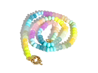 A Candy Colored Long Beaded Gem Necklace featuring opals, aquamarines, jades, rose quartz and pastel [rainbow beads. It&#39;s a beautiful Statement Necklace for the Summer in colors of mint blue, greens, purples and yellows.