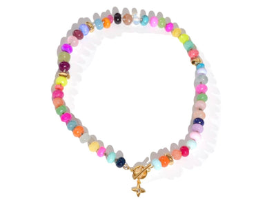 A Candy Colored Beaded Gemstone Choker Necklace featuring amethysts, citrines, sunstone, jades, rose quartz & opal rainbow beads. It is a beautiful Boho Chic Statement Choker for the Summer in bright neon pinks, purples, oranges, greens & yellows.