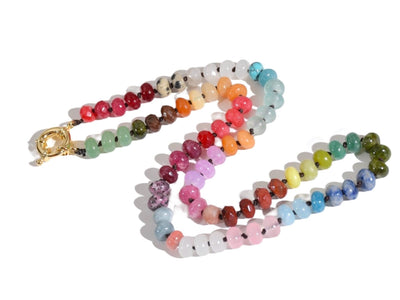 Candy Colored Beaded Gemstone Choker Necklace featuring amethysts, citrines, sunstone, jades, rose quartz & opal rainbow beads. It is a beautiful Boho Chic Statement necklace for the Summer in bright neon pinks, purples, oranges, greens & yellows.