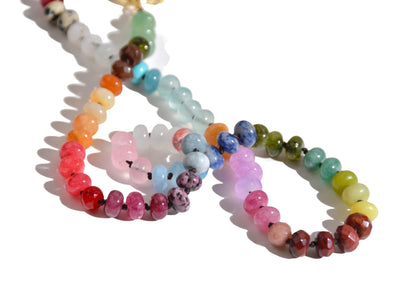 Candy Colored Beaded Gemstone Choker Necklace featuring amethysts, citrines, sunstone, jades, rose quartz & opal rainbow beads. It is a beautiful Boho Chic Statement necklace for the Summer in bright neon pinks, purples, oranges, greens & yellows.