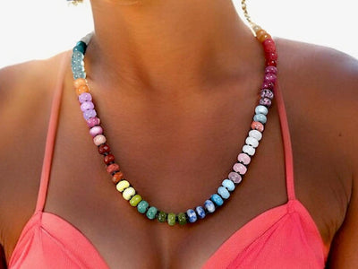 Candy Colored Beaded Gemstone Choker Necklace featuring amethysts, citrines, sunstone, jades, rose quartz & opal rainbow beads. It is a beautiful Boho Chic Statement necklace for the Summer in bright neon pinks, purples, oranges, greens & yellows.