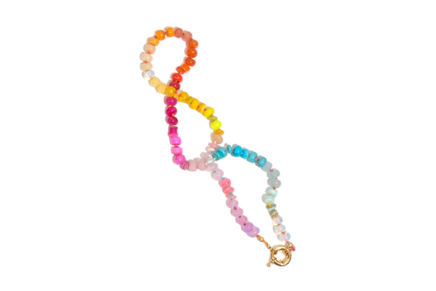 Candy Colored Long Beaded Gem Necklace featuring neon colored rainbow gemstones opal rainbow beads. It is a beautiful Boho Chic Statement Necklace for the Summer in colors of bright neon pinks , purples, oranges, turquoise and yellows.