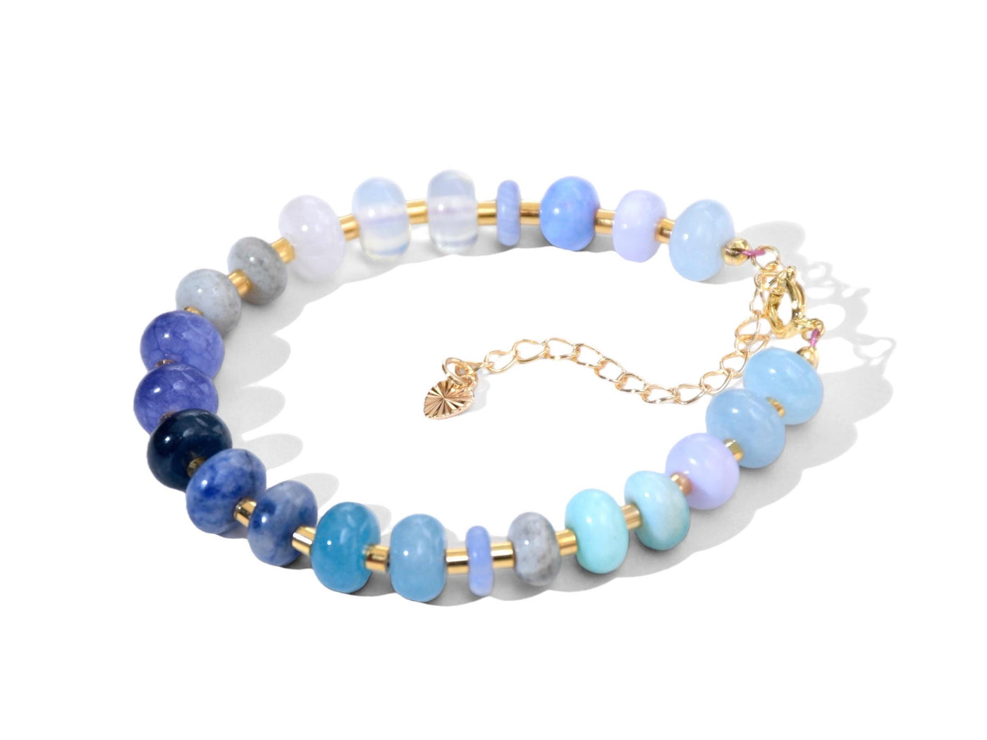 Colorful Mixed Gemstone Beaded Bracelet Stack, Blue Opal Rondelle Beads, Meaningful Jewelry 14k Gold