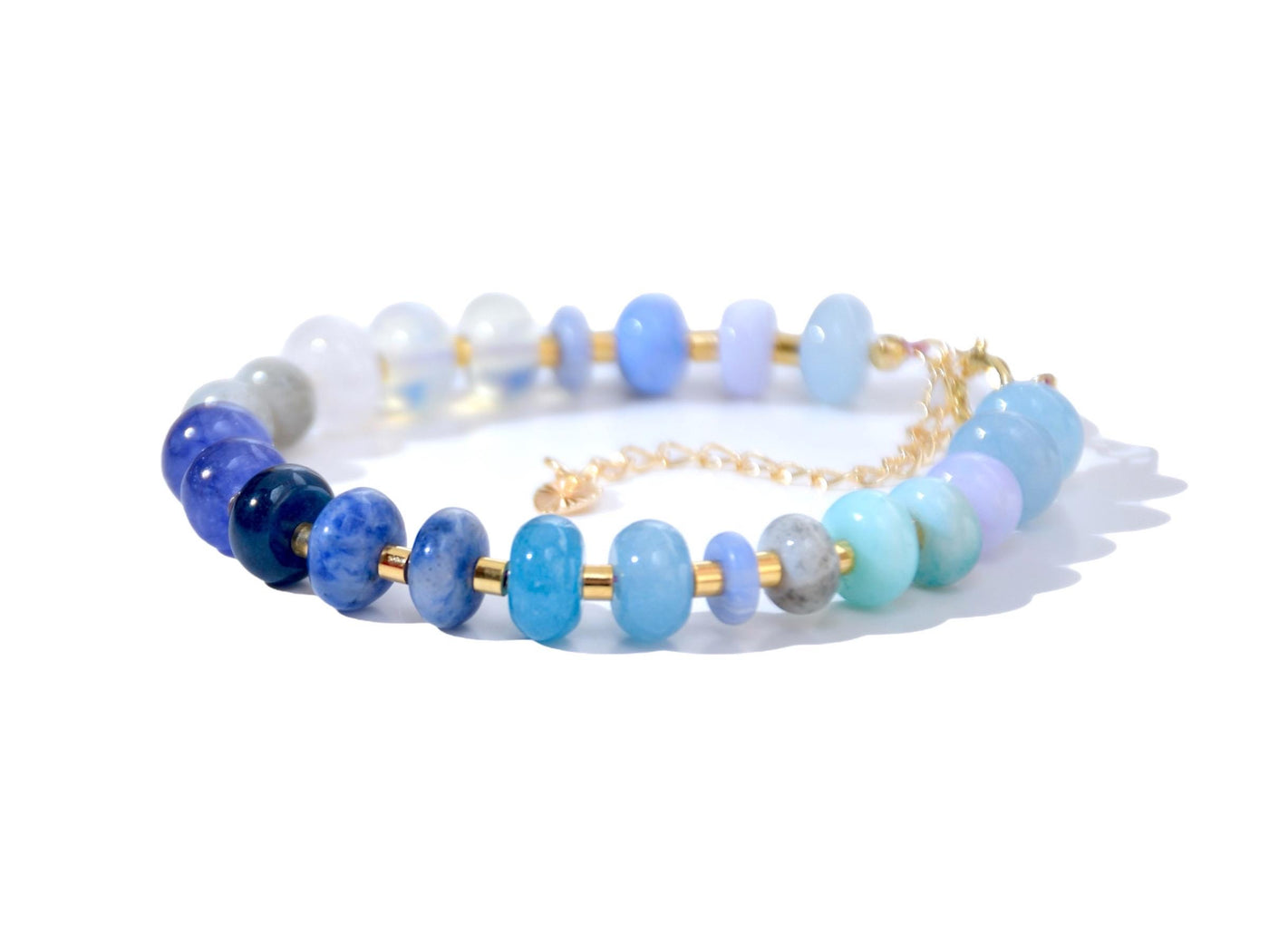 Colorful Mixed Gemstone Beaded Bracelet Stack, Blue Opal Rondelle Beads, Meaningful Jewelry 14k Gold