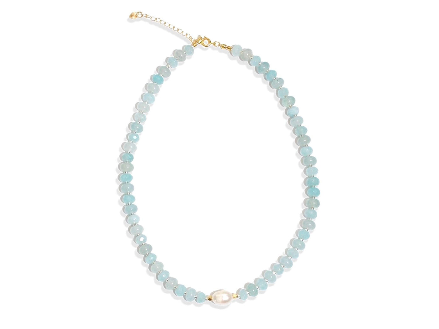 Light blue aquamarine Gem Necklace hand made with silver and gold spacer beads. It is a beautiful Boho Chic Statement Necklace for the Summer in colors of soft blue.