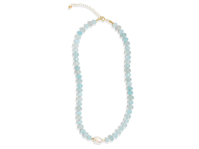 Light blue aquamarine Gem Necklace hand made with silver and gold spacer beads. It is a beautiful Boho Chic Statement Necklace for the Summer in colors of soft blue.