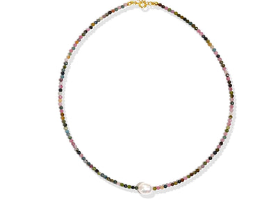 Tourmaline Gemstone Beaded Necklace, Colorful Gem Necklace with Pearl, Boho Chic Simple Choker