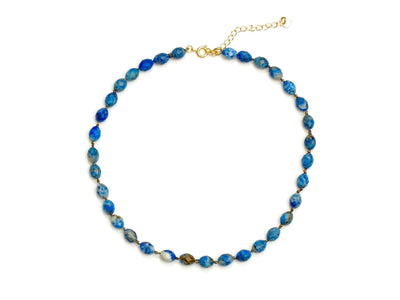 Lapis Lazuli Gemstone Choker, Blue Knotted Beaded Necklace, Boho Chic Style