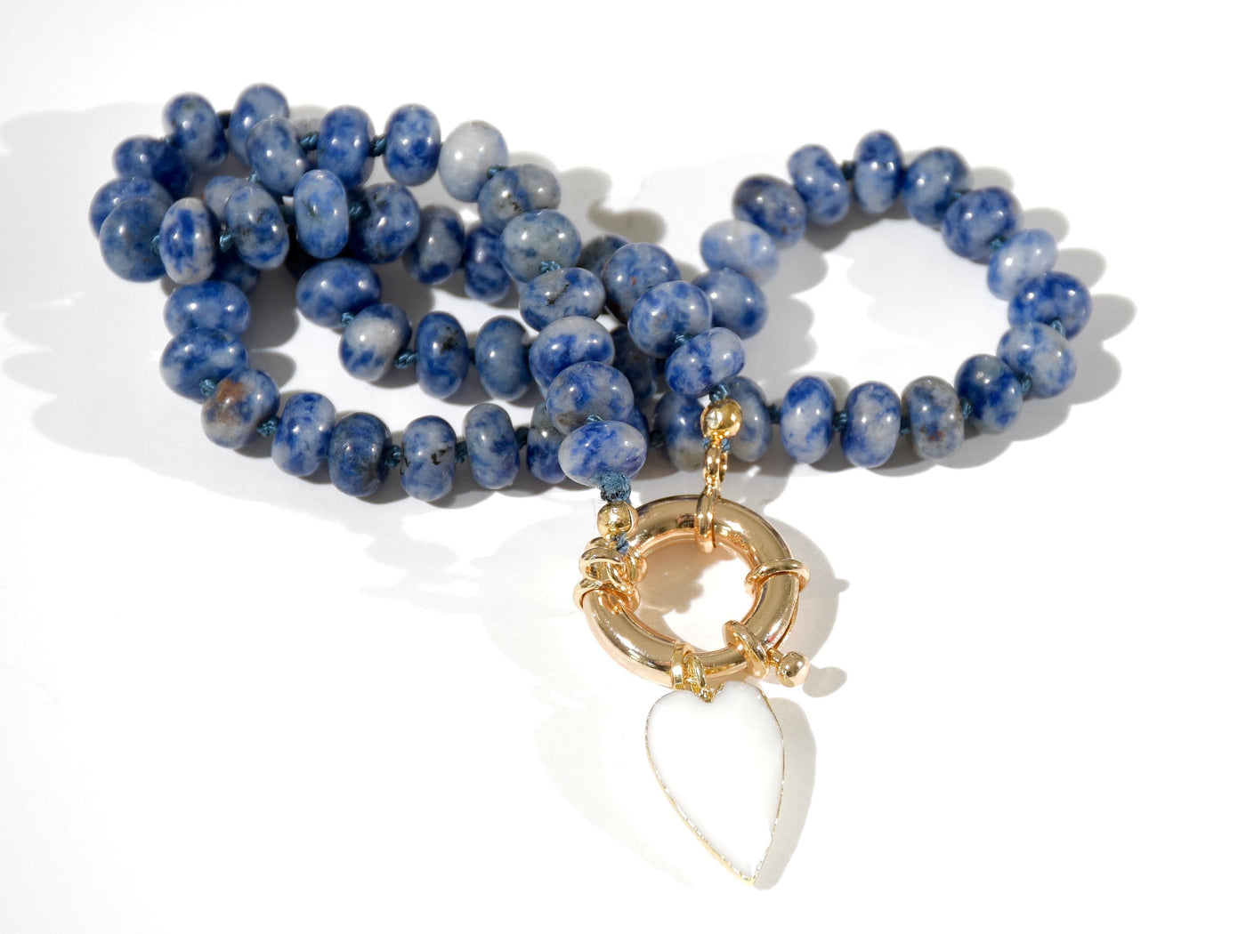 Sodalite Knotted Gemstone Necklace, Boho Chic Choker with Heart Charm Pendant, Charm Necklace