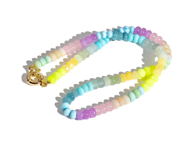 A Candy Colored Long Beaded Gem Necklace featuring opals, aquamarines, jades, rose quartz and pastel [rainbow beads. It&#39;s a beautiful Statement Necklace for the Summer in colors of mint blue, greens, purples and yellows.