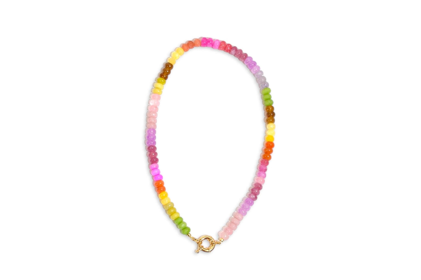 A Candy Colored Long Beaded Gem Necklace featuring amethysts, jades, rose quartz and opal rainbow beads. It is a beautiful Boho Chic Statement Necklace for the Summer in colors of bright neon pinks , purples, oranges, greens and yellows.