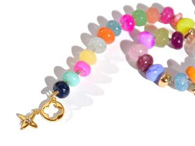 A Candy Colored Beaded Gemstone Choker Necklace featuring amethysts, citrines, sunstone, jades, rose quartz & opal rainbow beads. It is a beautiful Boho Chic Statement Choker for the Summer in bright neon pinks, purples, oranges, greens & yellows.