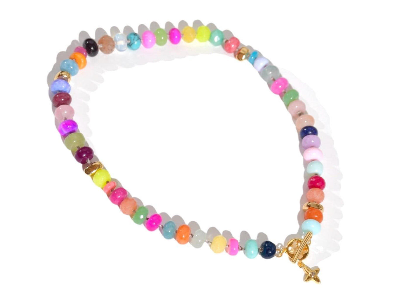 A Candy Colored Beaded Gemstone Choker Necklace featuring amethysts, citrines, sunstone, jades, rose quartz & opal rainbow beads. It is a beautiful Boho Chic Statement Choker for the Summer in bright neon pinks, purples, oranges, greens & yellows.