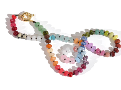 Candy Colored Beaded Gemstone Choker Necklace featuring amethysts, citrines, sunstone, jades, rose quartz & opal rainbow beads. It is a beautiful Boho Chic Statement necklace for the Summer in bright neon pinks, purples, oranges, greens & yellows.