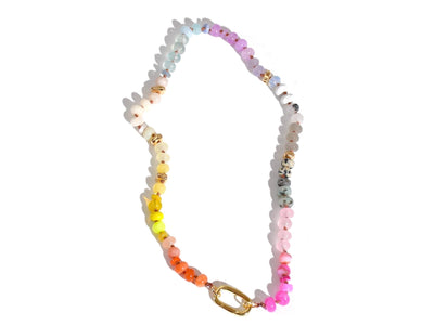 Candy Colored Long Beaded Gem Necklace featuring neon colored rainbow gemstones and opal rainbow beads. It is a beautiful Boho Chic Statement Necklace for the Summer in colors of bright neon pinks , purples, oranges, pastels and yellows.