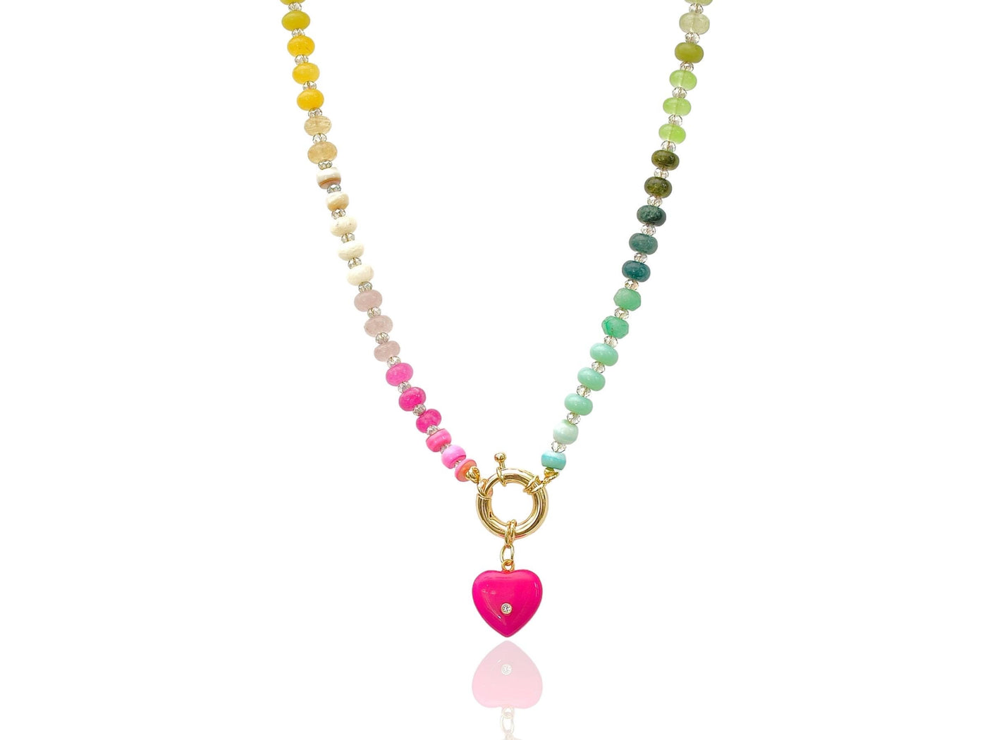 Rainbow Multi Gemstone Necklace, Natural Semi-Precious Rondelle Beads: The Pink Heart Gemstone Necklace, Unique Jewelry