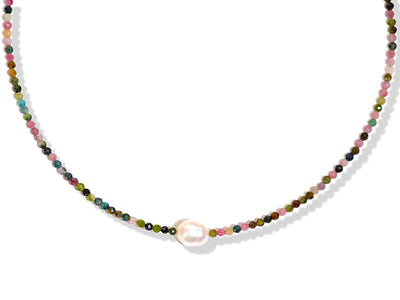 Tourmaline Gemstone Beaded Necklace, Colorful Gem Necklace with Pearl, Boho Chic Simple Choker