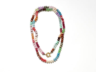 Long Rainbow Gemstone Necklace, Colorful Beaded Knotted Necklace, Boho Chic Anthropologie Style