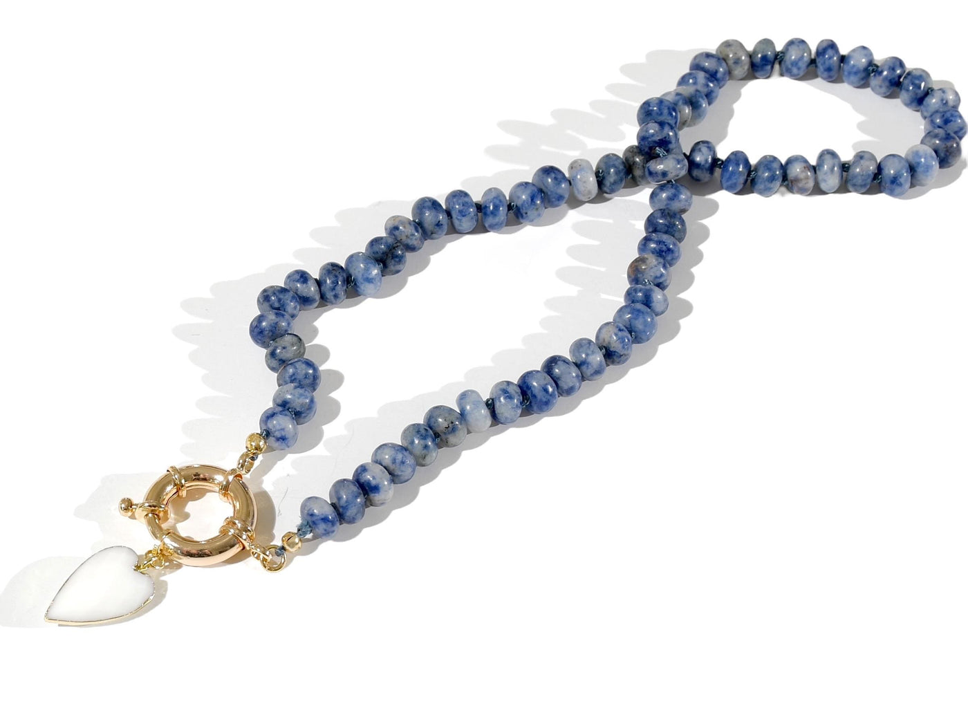 Sodalite Knotted Gemstone Necklace, Boho Chic Choker with Heart Charm Pendant, Charm Necklace