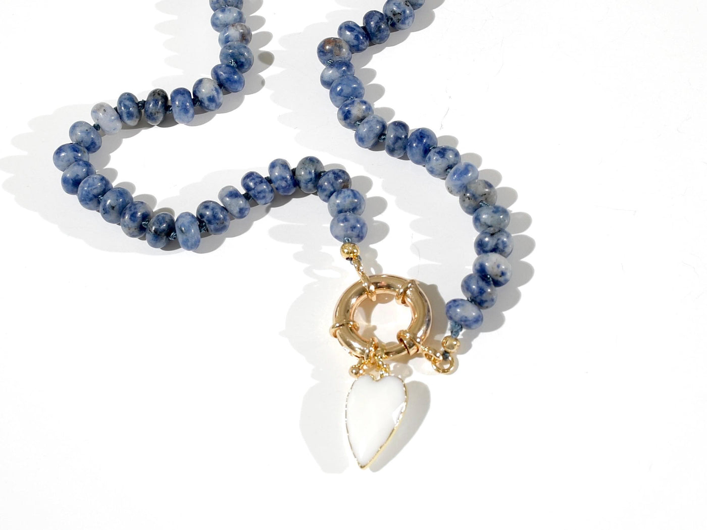 Sodalite Knotted Gemstone Necklace, Boho Chic Choker with Heart Charm Pendant, Charm Necklace