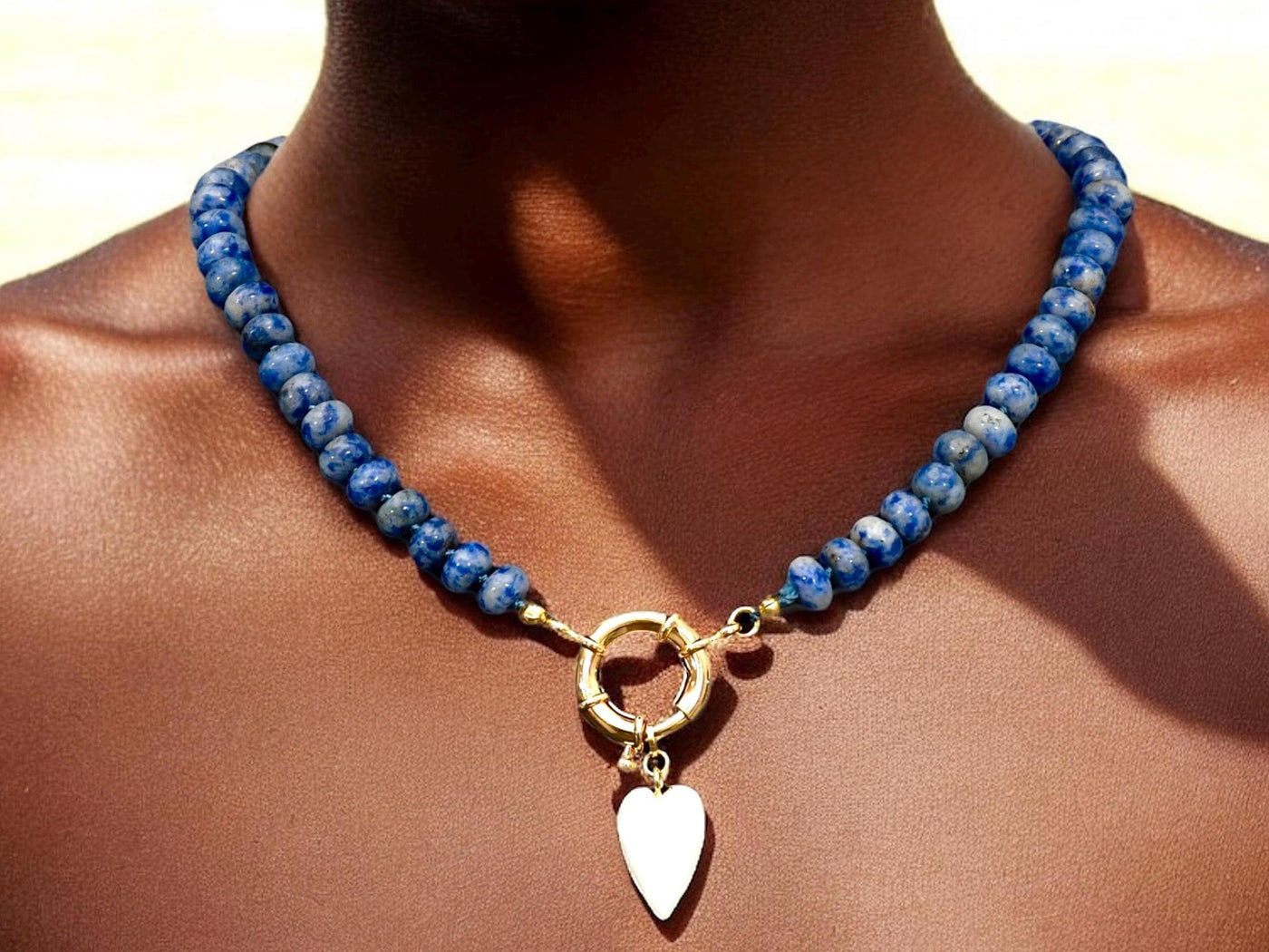 Sodalite Knotted Gemstone Necklace, Boho Chic Choker with Heart Charm Pendant, Charm Necklace