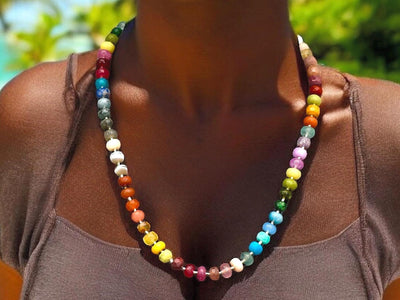 Rainbow Multi Gemstone Necklace with Rondelle Beads, 14k Gold Jewelry, Boho Chic Jewelry