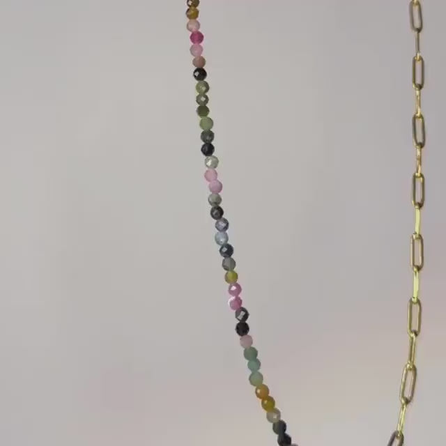 Rainbow Tourmaline Gemstone Necklace, Gold Paperclip Chain, Multicolor Beaded Necklace, Unique Trendy Necklace