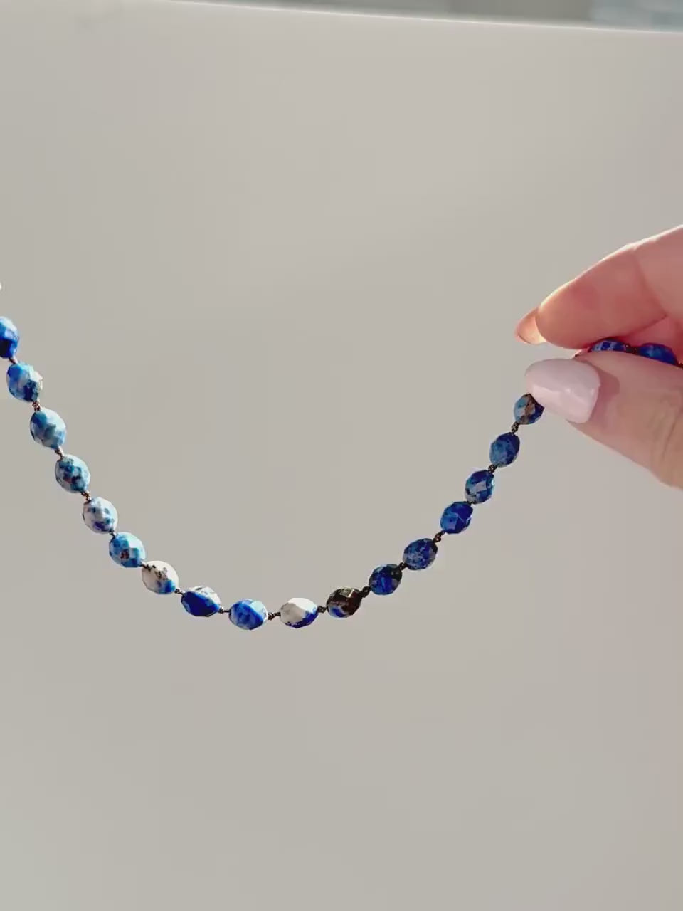 Lapis Lazuli Gemstone Choker, Blue Knotted Beaded Necklace,  Boho Chic Style