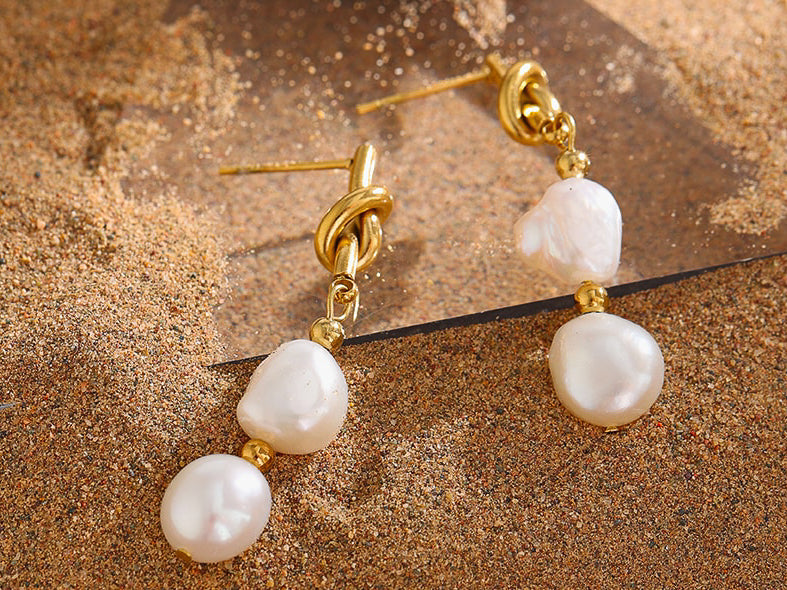 With a Twist Pearl Drop Earrings - Coquette Gold waterproof tarnish proof high quality necklace and necklaces, gold dangle earrings with freshwater natural pearls, gold ring, statement ring, pendant necklace, layering necklace set.  Perfect gift for her and jewelry for her.  Stocking stuffers for girlfriend.  Gold bracelet and gold anklets.  Paperclip Chain necklace and cute, trendy jewelry.  