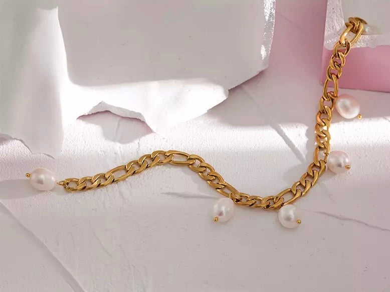 Sailor Pearl Bracelet - Coquette Gold waterproof tarnish proof high quality necklace and necklaces, gold dangle earrings with freshwater natural pearls, gold ring, statement ring, pendant necklace, layering necklace set.  Perfect gift for her and jewelry for her.  Stocking stuffers for girlfriend.  Gold bracelet and gold anklets.  Paperclip Chain necklace and cute, trendy jewelry.  