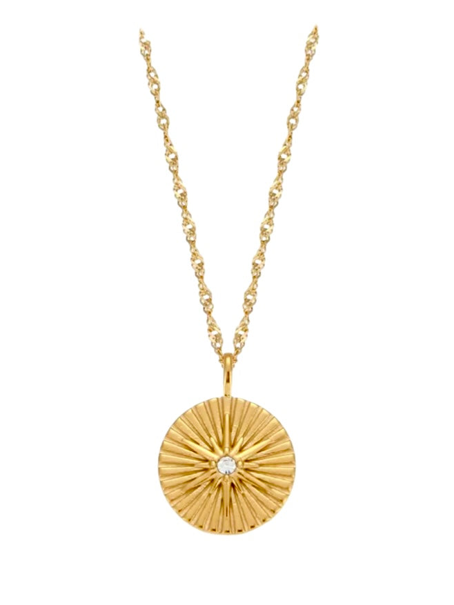 Here Comes The Sun Necklace - Coquette Gold waterproof tarnish proof high quality necklace and necklaces, gold dangle earrings with freshwater natural pearls, gold ring, statement ring, pendant necklace, layering necklace set.  Perfect gift for her and jewelry for her.  Stocking stuffers for girlfriend.  Gold bracelet and gold anklets.  Paperclip Chain necklace and cute, trendy jewelry.  